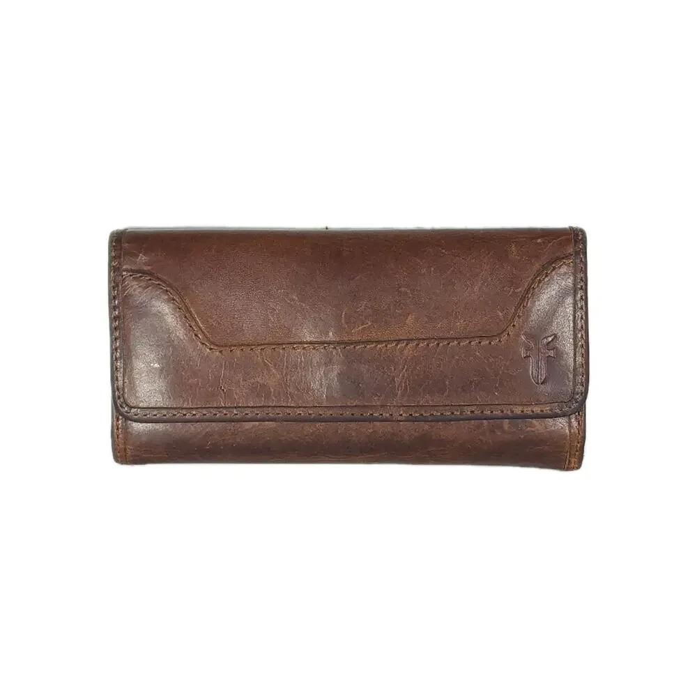 Frye Melissa Continental Cognac Brown Distressed Leather Snap Trifold Wallet - Picture 1 of 13